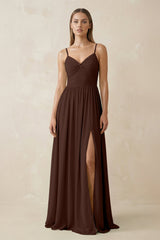 Spaghetti Strap Pleated A - Line Chiffon Bridesmaid Dress in Espresso - KISS BRIDAL Bridesmaid Dresses