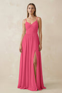 Spaghetti Strap Pleated A - Line Chiffon Bridesmaid Dress in Fuchsia - SHE IS ME Bridesmaid Dresses