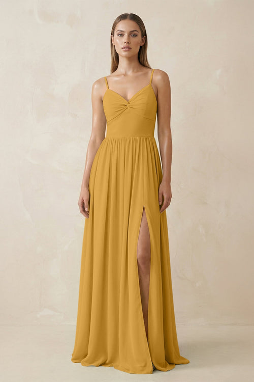 Spaghetti Strap Pleated A - Line Chiffon Bridesmaid Dress in Marigold - SHE IS ME Bridesmaid Dresses