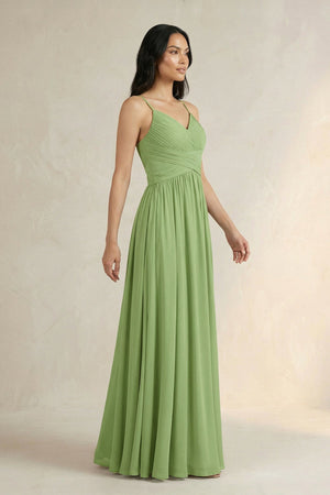 A-Line Pleated Spaghetti Strap Chiffon Bridesmaid Dress in Matcha - SHE IS ME BRIDESMAID DRESSES