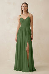 Spaghetti Strap Pleated A - Line Chiffon Bridesmaid Dress in Moss - KISS BRIDAL Bridesmaid Dresses
