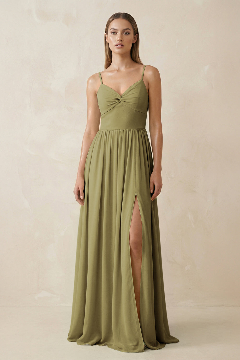 Spaghetti Strap Pleated A-Line Chiffon Bridesmaid Dress in Moss Green