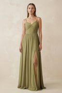 Spaghetti Strap Pleated A-Line Chiffon Bridesmaid Dress in Moss Green | KISSBRIDAL