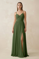 Spaghetti Strap Pleated A-Line Chiffon Bridesmaid Dress in Moss | KISSBRIDAL