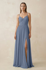 Spaghetti Strap Pleated A - Line Chiffon Bridesmaid Dress in Neptune - KISS BRIDAL Bridesmaid Dresses