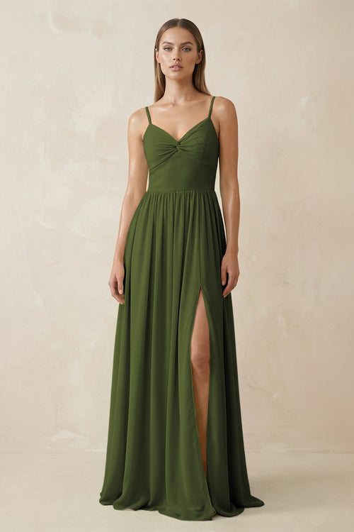 Spaghetti Strap Pleated A - Line Chiffon Bridesmaid Dress in Olive - SHE IS ME Bridesmaid Dresses