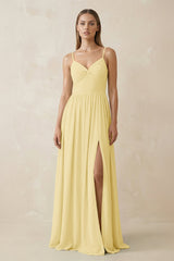 Spaghetti Strap Pleated A - Line Chiffon Bridesmaid Dress in Pastel Yellow - KISS BRIDAL Bridesmaid Dresses