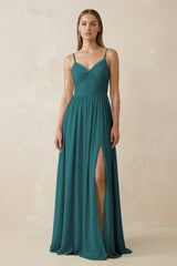 Spaghetti Strap Pleated A - Line Chiffon Bridesmaid Dress in Pine - KISS BRIDAL Bridesmaid Dresses