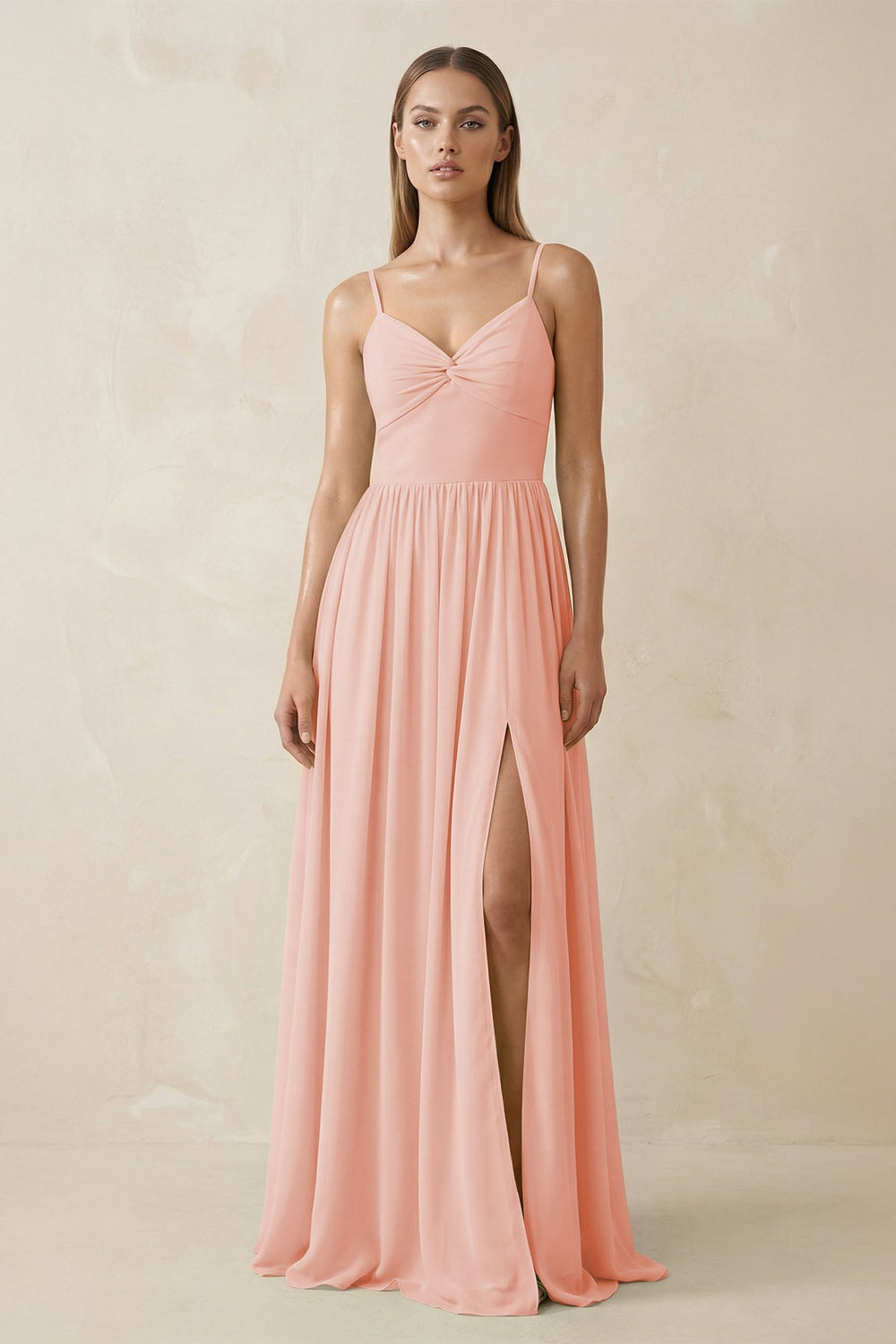 Spaghetti Strap Pleated A - Line Chiffon Bridesmaid Dress in Rose Petal - SHE IS ME Bridesmaid Dresses