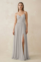 Spaghetti Strap Pleated A - Line Chiffon Bridesmaid Dress in Silver - KISS BRIDAL Bridesmaid Dresses