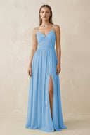 Spaghetti Strap Pleated A - Line Chiffon Bridesmaid Dress in Steel Blue - SHE IS ME Bridesmaid Dresses