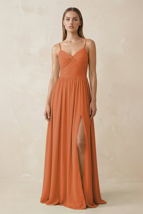 Spaghetti Strap Pleated A - Line Chiffon Bridesmaid Dress in Terracotta - SHE IS ME Bridesmaid Dresses