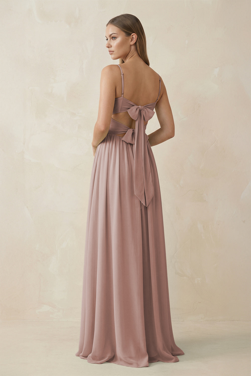 Spaghetti Strap Pleated A-Line Chiffon Bridesmaid Dress in Toffee
