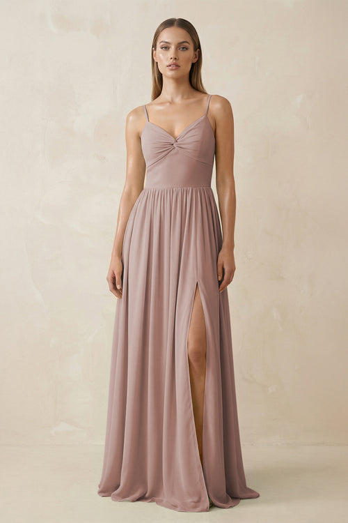 Spaghetti Strap Pleated A-Line Chiffon Bridesmaid Dress in Toffee | KISSBRIDAL