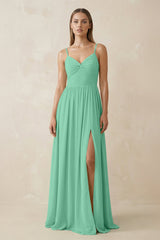 Spaghetti Strap Pleated A - Line Chiffon Bridesmaid Dress in Turquoise - KISS BRIDAL Bridesmaid Dresses