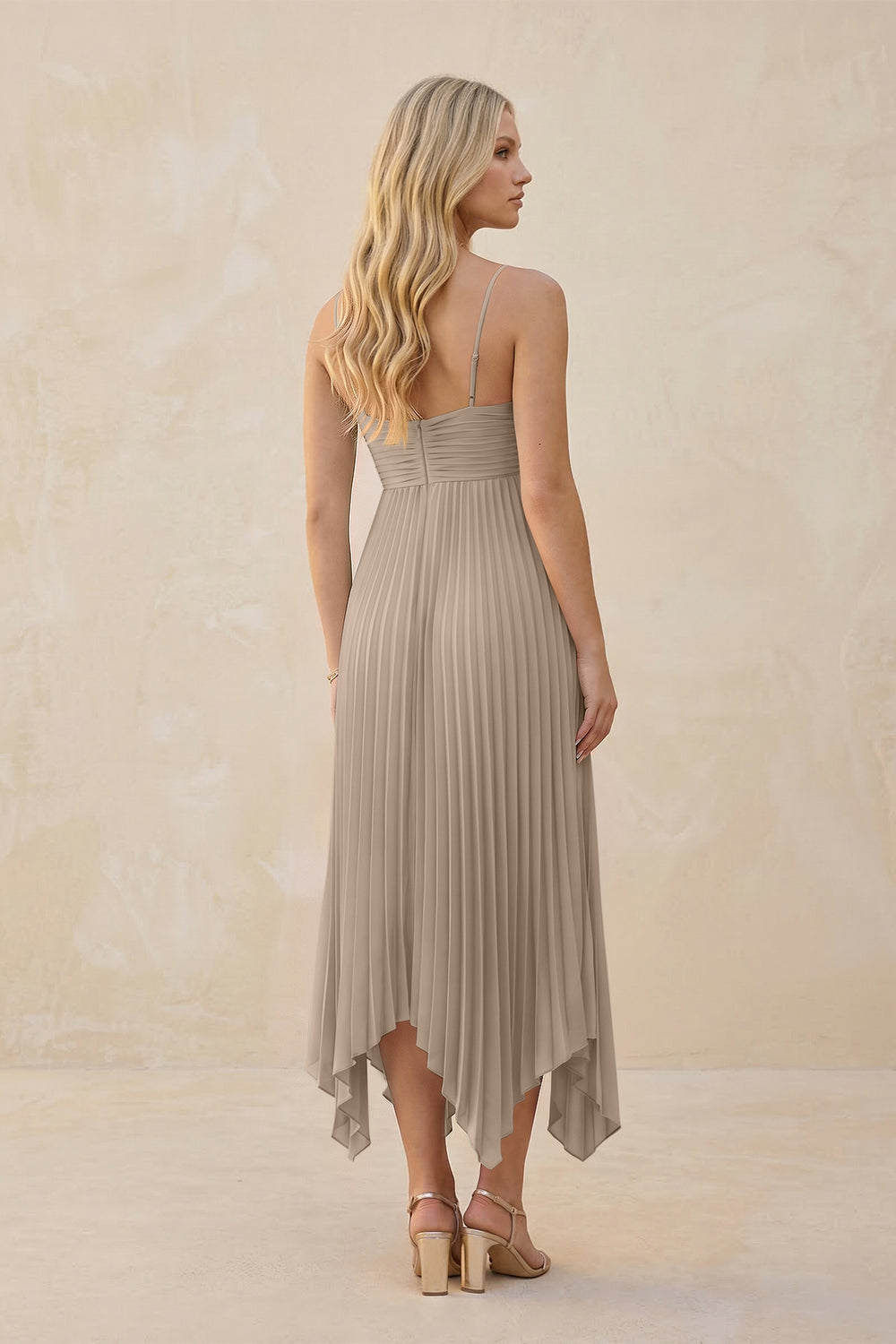 Spaghetti Strap Pleated A-Line Chiffon Midi Bridesmaid Dress in Almond