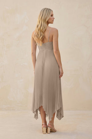 Spaghetti Strap Pleated A-Line Chiffon Midi Bridesmaid Dress in Almond (2) | KISSBRIDAL