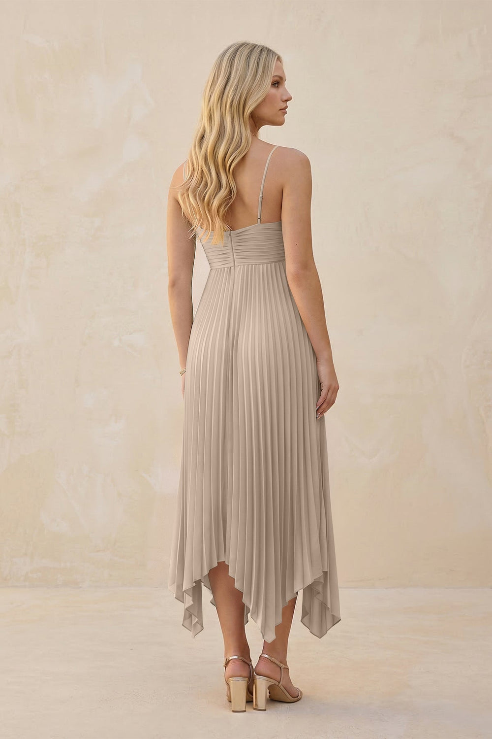 Spaghetti Strap Pleated A - Line Chiffon Midi Bridesmaid Dress in Almond - KISS BRIDAL Bridesmaid Dresses