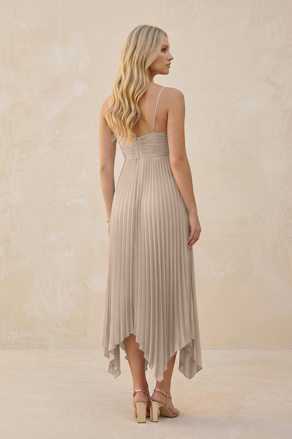 Spaghetti Strap Pleated A - Line Chiffon Midi Bridesmaid Dress in Almond - KISS BRIDAL Bridesmaid Dresses