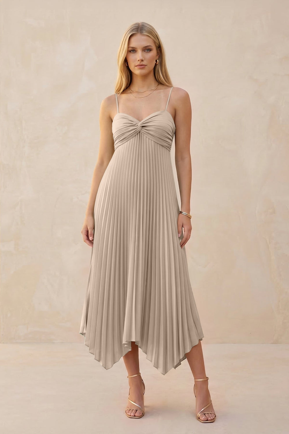 Spaghetti Strap Pleated A - Line Chiffon Midi Bridesmaid Dress in Almond - KISS BRIDAL Bridesmaid Dresses