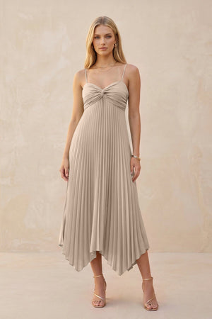 Spaghetti Strap Pleated A - Line Chiffon Midi Bridesmaid Dress in Almond - KISS BRIDAL Bridesmaid Dresses