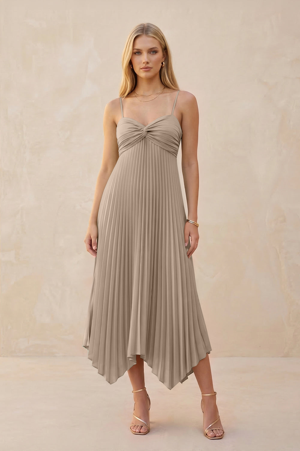 Spaghetti Strap Pleated A-Line Chiffon Midi Bridesmaid Dress in Almond
