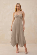 Spaghetti Strap Pleated A-Line Chiffon Midi Bridesmaid Dress in Almond | KISSBRIDAL