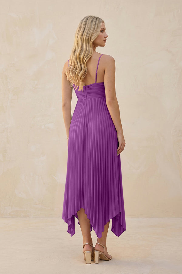 Spaghetti Strap Pleated A - Line Chiffon Midi Bridesmaid Dress in Amethyst - KISS BRIDAL Bridesmaid Dresses