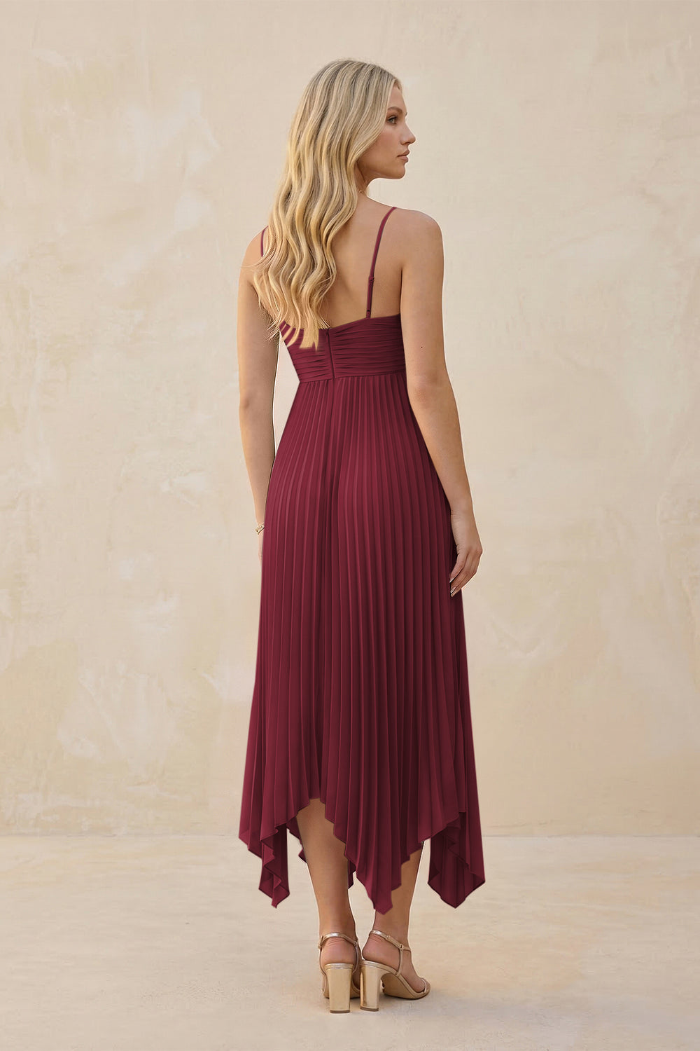 Spaghetti Strap Pleated A-Line Chiffon Midi Bridesmaid Dress in Berry