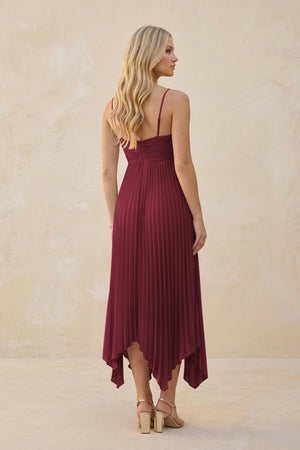 Spaghetti Strap Pleated A-Line Chiffon Midi Bridesmaid Dress in Berry (2) | KISSBRIDAL