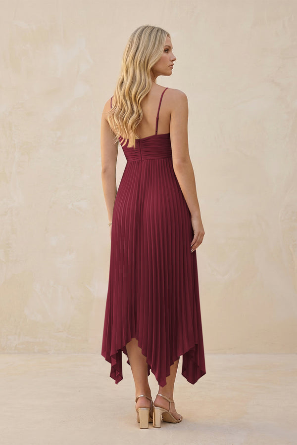 Spaghetti Strap Pleated A-Line Chiffon Midi Bridesmaid Dress in Berry (2) | KISSBRIDAL