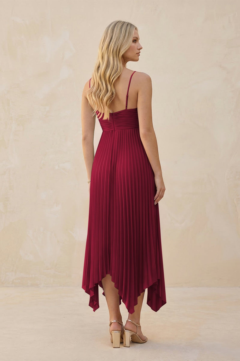 Spaghetti Strap Pleated A - Line Chiffon Midi Bridesmaid Dress in Berry - KISS BRIDAL Bridesmaid Dresses