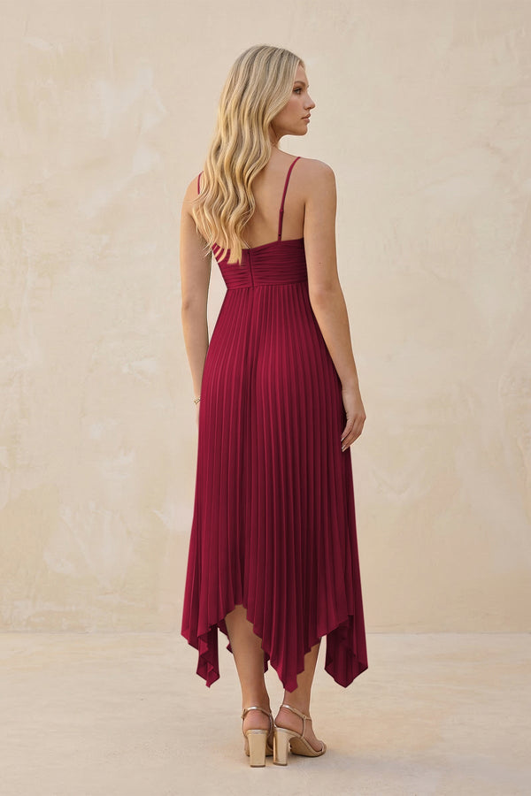 Spaghetti Strap Pleated A - Line Chiffon Midi Bridesmaid Dress in Berry - KISS BRIDAL Bridesmaid Dresses