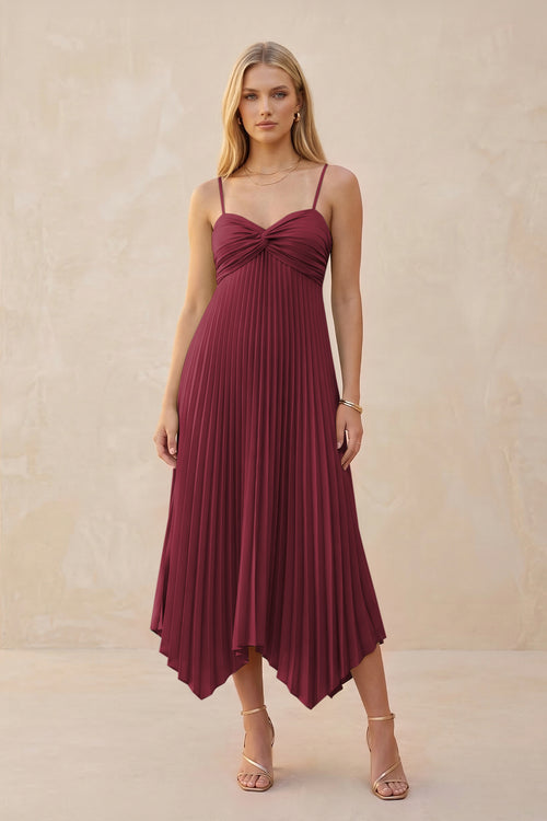 Spaghetti Strap Pleated A-Line Chiffon Midi Bridesmaid Dress in Berry | KISSBRIDAL