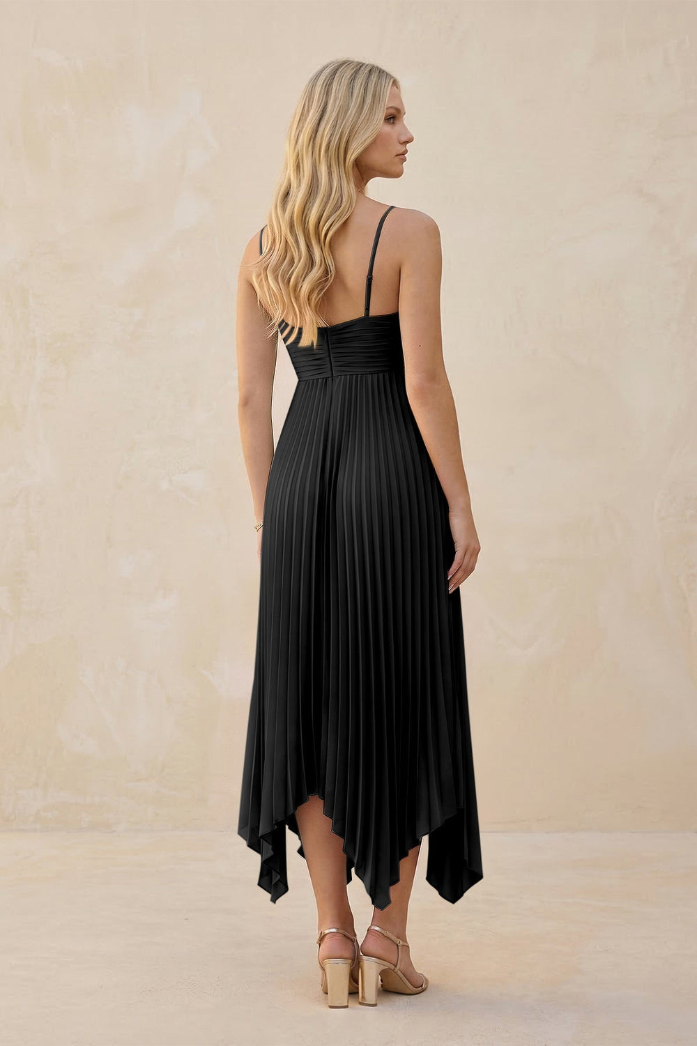 Spaghetti Strap Pleated A - Line Chiffon Midi Bridesmaid Dress in Black - KISS BRIDAL Bridesmaid Dresses