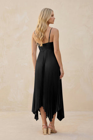 Spaghetti Strap Pleated A - Line Chiffon Midi Bridesmaid Dress in Black - SHE IS ME Bridesmaid Dresses