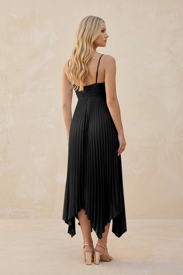 Spaghetti Strap Pleated A - Line Chiffon Midi Bridesmaid Dress in Black - SHE IS ME Bridesmaid Dresses