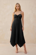 Spaghetti Strap Pleated A - Line Chiffon Midi Bridesmaid Dress in Black - SHE IS ME Bridesmaid Dresses