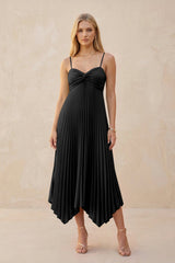 Spaghetti Strap Pleated A - Line Chiffon Midi Bridesmaid Dress in Black - KISS BRIDAL Bridesmaid Dresses