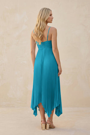 Spaghetti Strap Pleated A - Line Chiffon Midi Bridesmaid Dress in Blue Jay - KISS BRIDAL Bridesmaid Dresses