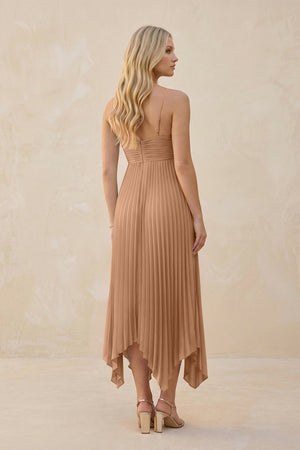 Spaghetti Strap Pleated A - Line Chiffon Midi Bridesmaid Dress in Bronzer - KISS BRIDAL Bridesmaid Dresses