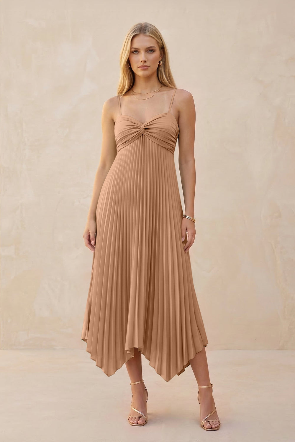 Spaghetti Strap Pleated A - Line Chiffon Midi Bridesmaid Dress in Bronzer - KISS BRIDAL Bridesmaid Dresses