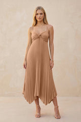 Spaghetti Strap Pleated A - Line Chiffon Midi Bridesmaid Dress in Bronzer - KISS BRIDAL Bridesmaid Dresses
