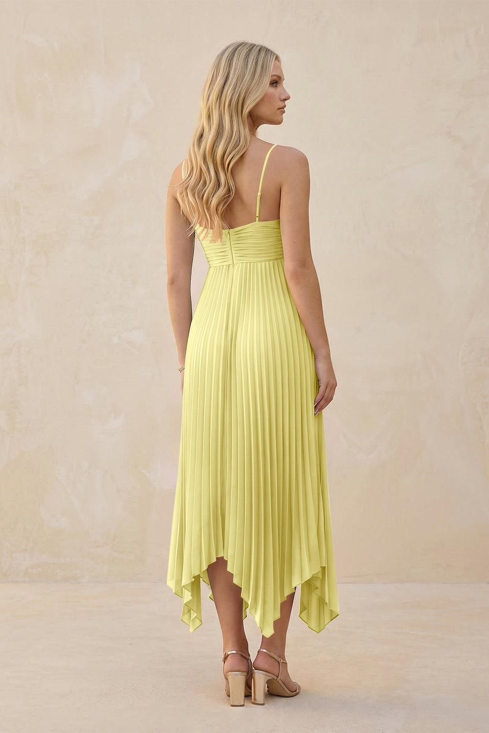 Spaghetti Strap Pleated A - Line Chiffon Midi Bridesmaid Dress in Buttercup - KISS BRIDAL Bridesmaid Dresses