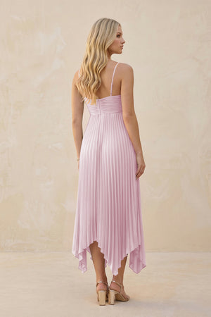 Spaghetti Strap Pleated A-Line Chiffon Midi Bridesmaid Dress in Candy Pink (2) | KISSBRIDAL