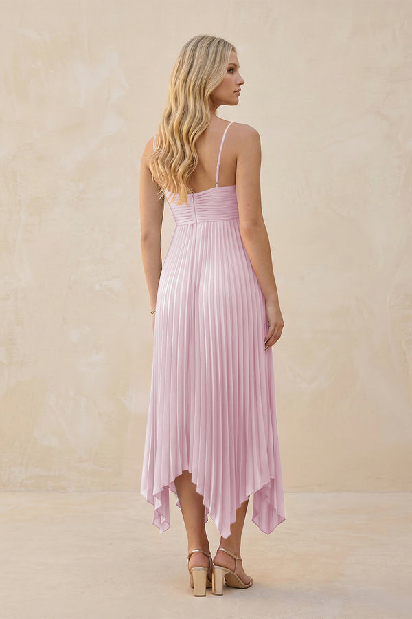Spaghetti Strap Pleated A-Line Chiffon Midi Bridesmaid Dress in Candy Pink (2) | KISSBRIDAL