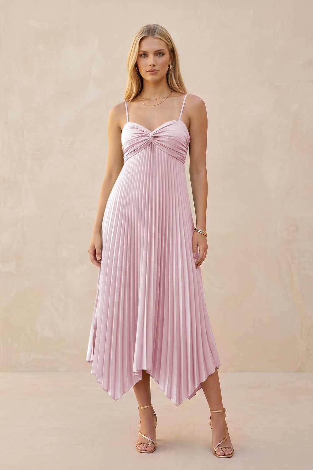 Spaghetti Strap Pleated A - Line Chiffon Midi Bridesmaid Dress in Candy Pink - KISS BRIDAL Bridesmaid Dresses