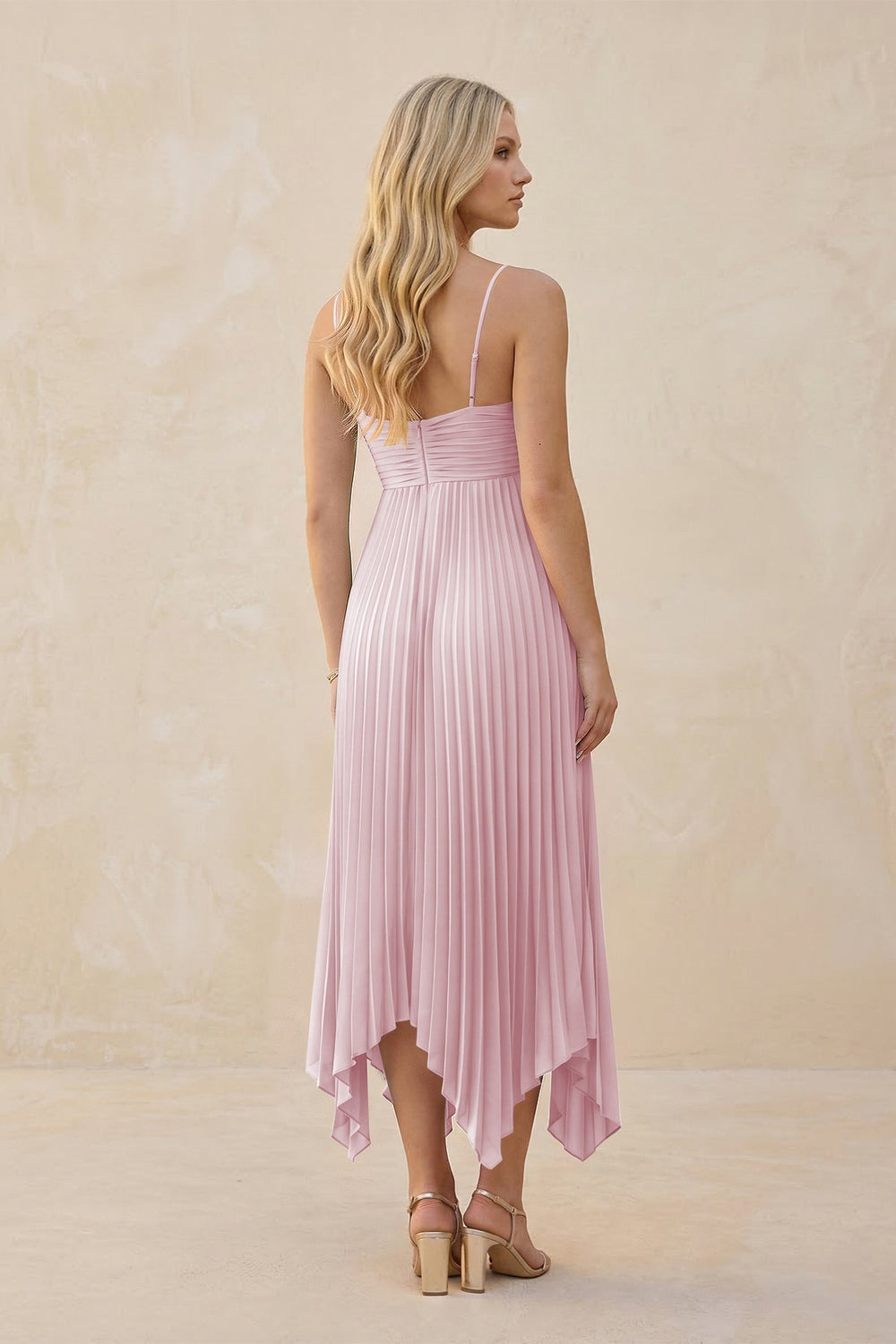 Spaghetti Strap Pleated A - Line Chiffon Midi Bridesmaid Dress in Candy Pink - KISS BRIDAL Bridesmaid Dresses