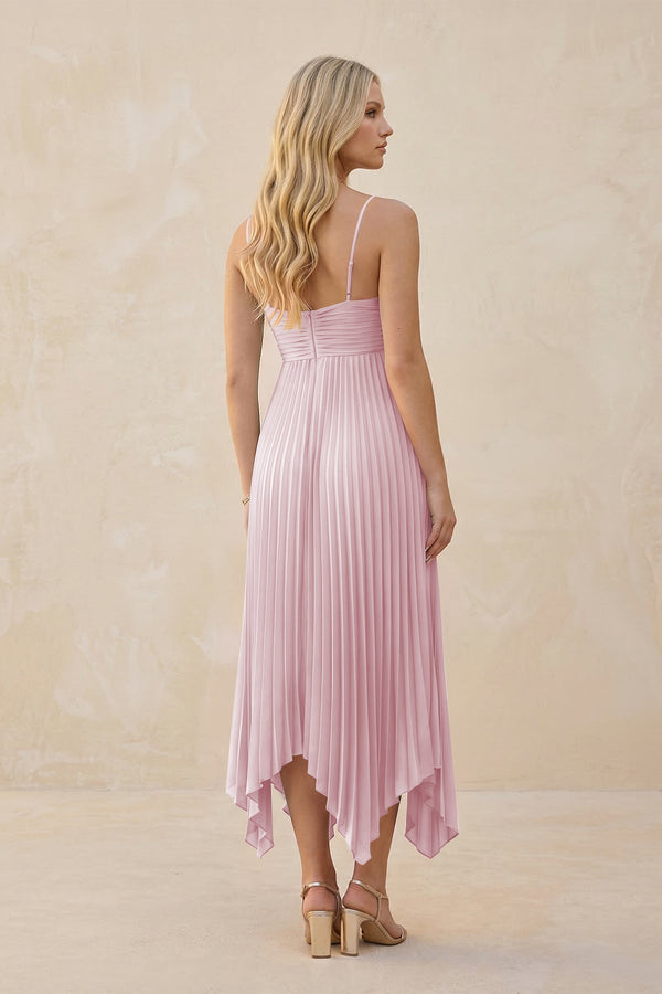 Spaghetti Strap Pleated A - Line Chiffon Midi Bridesmaid Dress in Candy Pink - KISS BRIDAL Bridesmaid Dresses