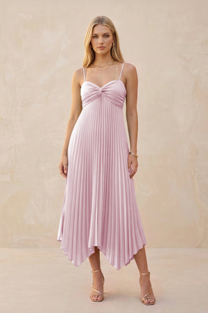 Spaghetti Strap Pleated A-Line Chiffon Midi Bridesmaid Dress in Candy Pink | KISSBRIDAL